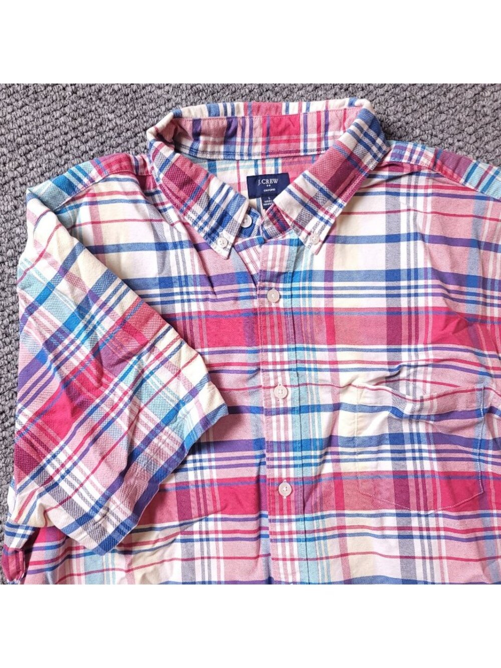 J. Crew Button Shirt Mens L Large Oxford Short Sleeve Plaid Multicolor Preppy